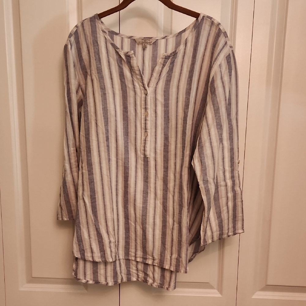 Hester & Orchard Striped White, Blue & Gray Linen/Cotton Blend Blouse